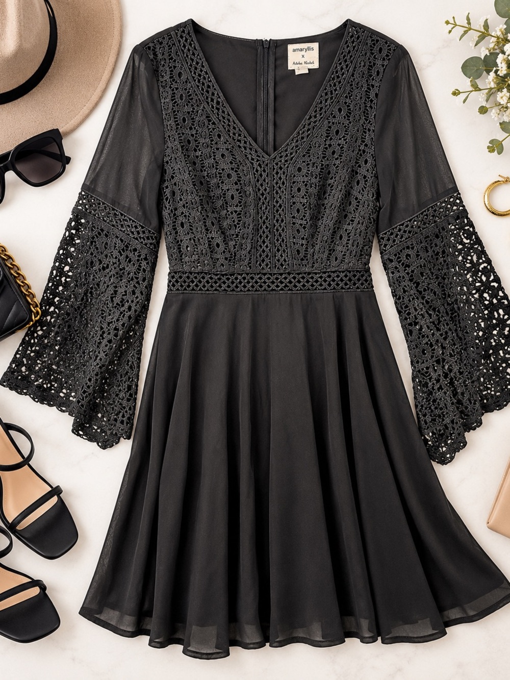 Amaryllis Black Crochet Lace Bell-Sleeve Fit & Flare Dress